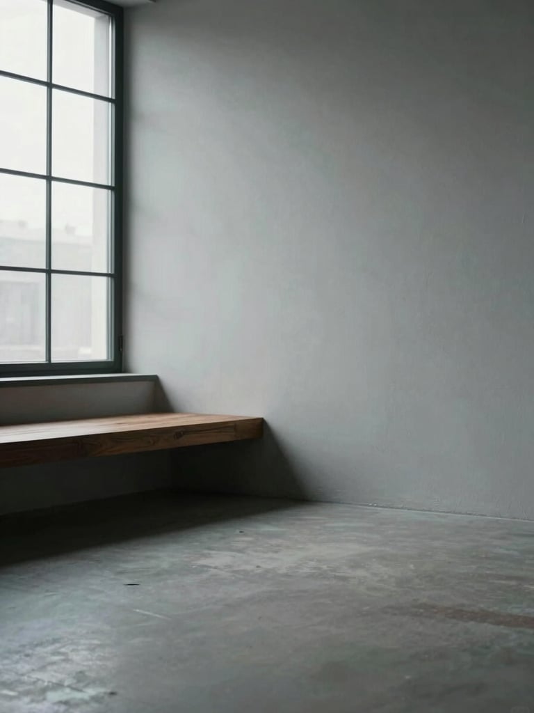 Spare studio interior corner at rest, no people, cool diffused window light falling on a smooth plaster wall and a single dark wooden ledge, empty and still, wide empty floor space in the foreground