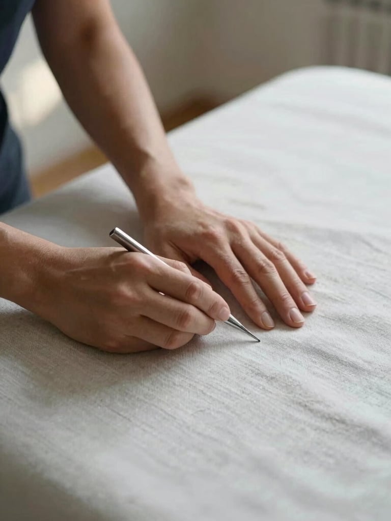 Close-up of a practitioner's hands resting on a clean linen surface, a single precision tool held at rest, soft diffused window light from the upper left revealing fabric texture and skin detail, spare negative space to the right