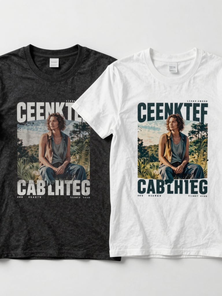 Overhead flat-lay of two custom-printed T-shirts arranged side by side on a clean white surface under bright even studio light, showing crisp screen-print detail and precise color registration, no props or lifestyle elements, design work is the sole subject