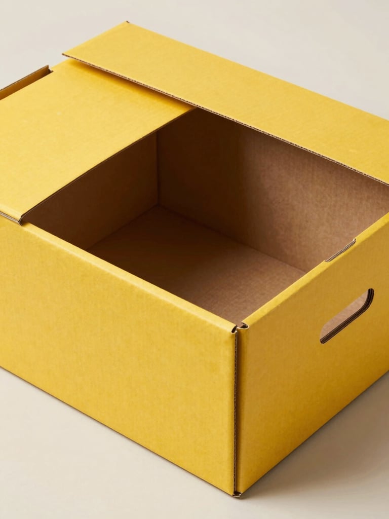 Three-quarter studio shot of a custom printed shipping box with a precision die-cut lid, bold brand-colored exterior and a contrasting interior print, photographed under bright even studio lighting on a neutral off-white surface, close-cropped to emphasize the structural detail and surface print quality