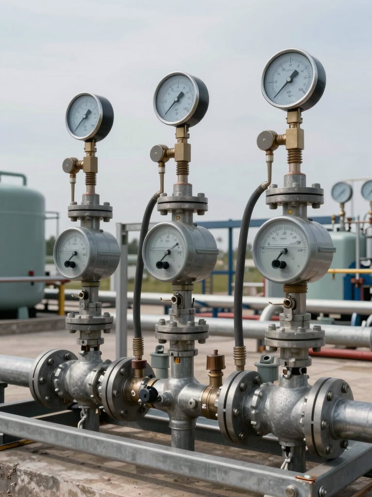 Wide shot of a compressed gas metering skid in an outdoor compressor station, multiple flanged differential-pressure transmitters and impulse lines visible, overcast daylight, galvanized steel structure, gauge faces showing high-pressure readings, no people, muted industrial palette