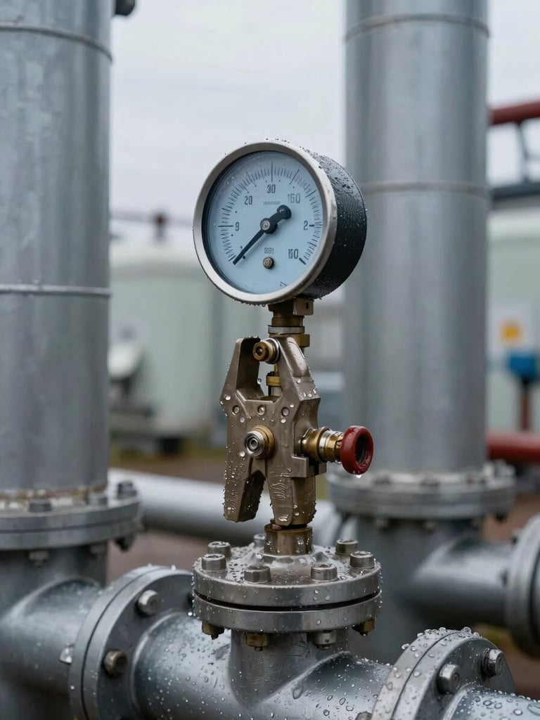 Close-up of a clamp-on ultrasonic flow meter installed on a heavily insulated high-temperature steam header in a boiler room, condensation on adjacent fittings, overcast north-facing work-site light, steel and lagging in frame, no people, desaturated palette