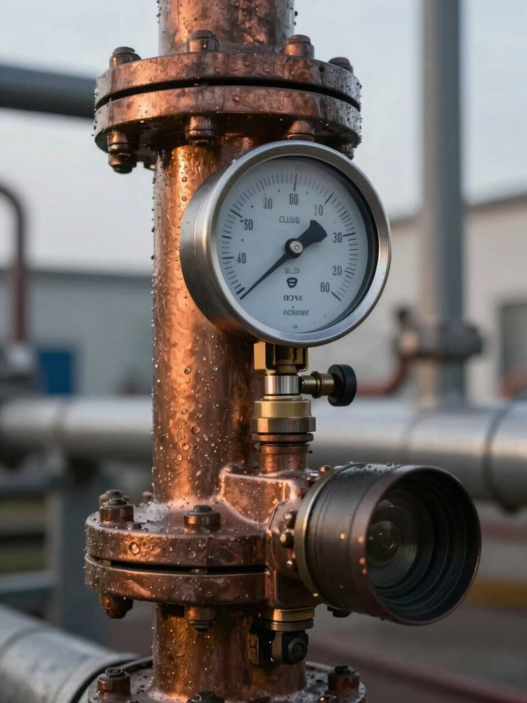 Extreme close-up of a flanged vortex flow meter mounted on a large steam header pipe, gauge face showing live pressure reading, copper-toned instrument body catching ambient amber work-site light, real industrial pipe insulation and condensation visible, overcast daylight, desaturated steel background