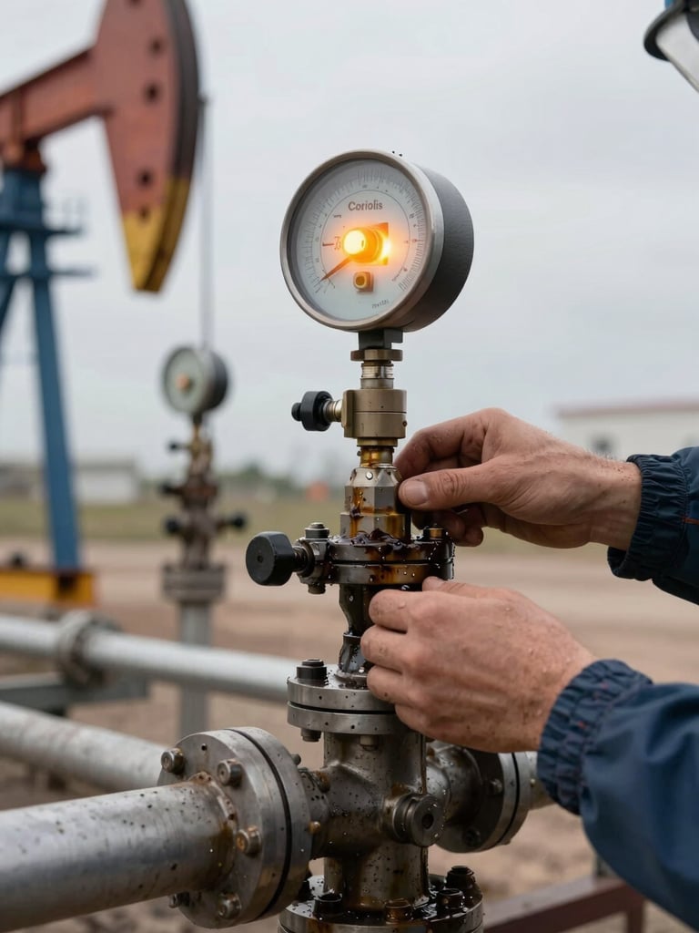 Hands adjusting the sensor head of a Coriolis flow meter on a crude oil transfer line, amber instrument indicator light glowing against desaturated steel pipe, oily residue on fittings, overcast work-site daylight, industrial pipe rack in background, tight framing