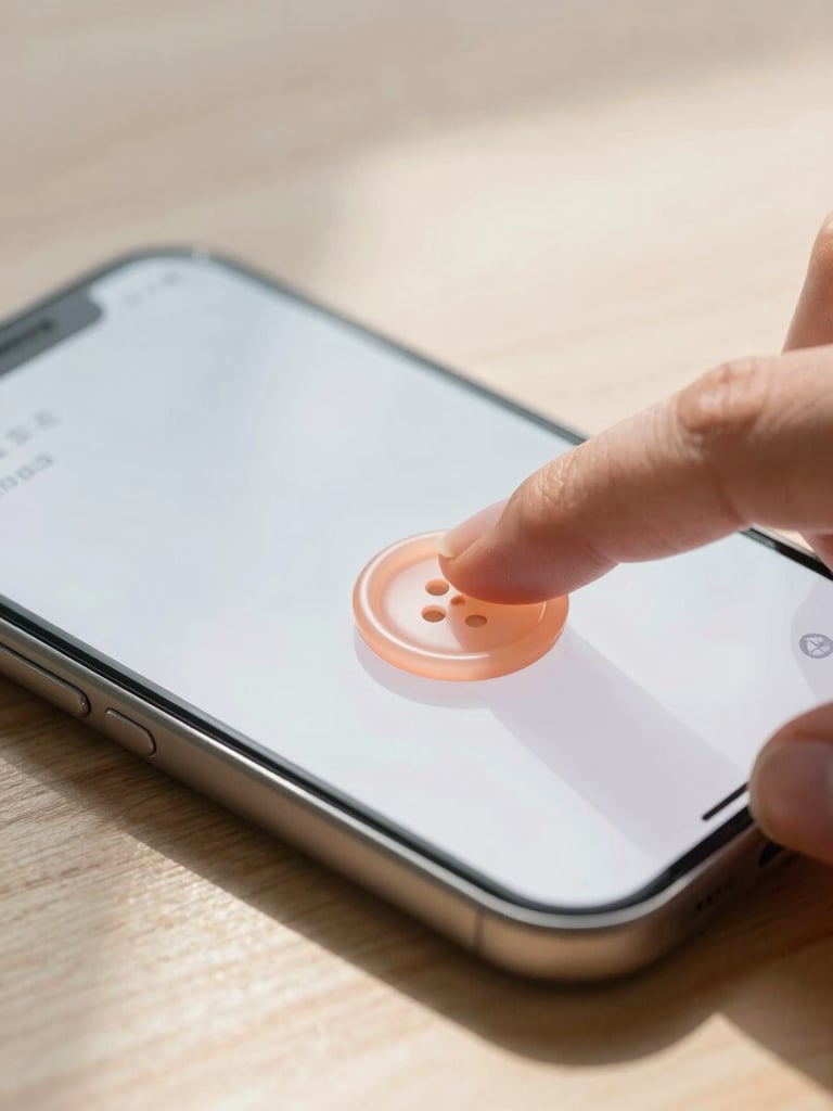 Macro detail of a hand tapping a beautifully designed, soft-peach button on a custom mobile interface, diffused morning light casting gentle shadows across a clean wooden tabletop.
