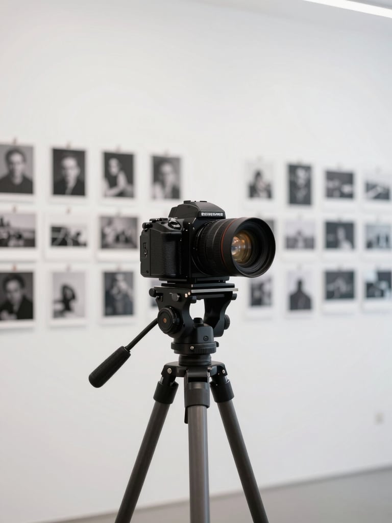 Artist's studio, large-format 8x10 camera on a tripod, work-in-progress proofs pinned to a magnetic white wall, soft overcast daylight, clean and architectural framing.