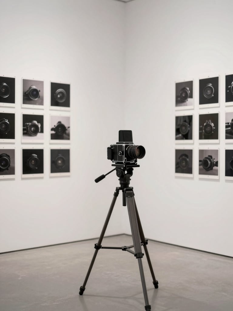 Photographer working in a minimalist studio, large format camera on a tripod, proofs on magnetic walls, soft diffused daylight, neutral color palette.