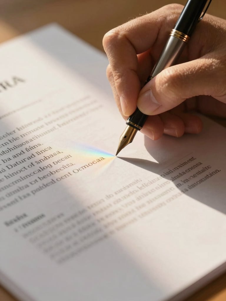Close-up of hands signing an international legal document, warm golden light, elegant fountain pen, subtle rainbow light leak across the paper.