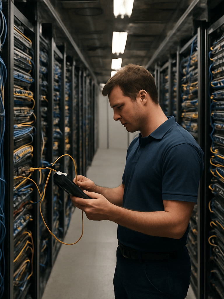 Environmental wide shot of a network server room inside an industrial facility, rows of structured cabling patch panels and active switches with indicator lights, a BTL technician testing cable connections at eye level, natural overhead fluorescent work lighting, no studio effects