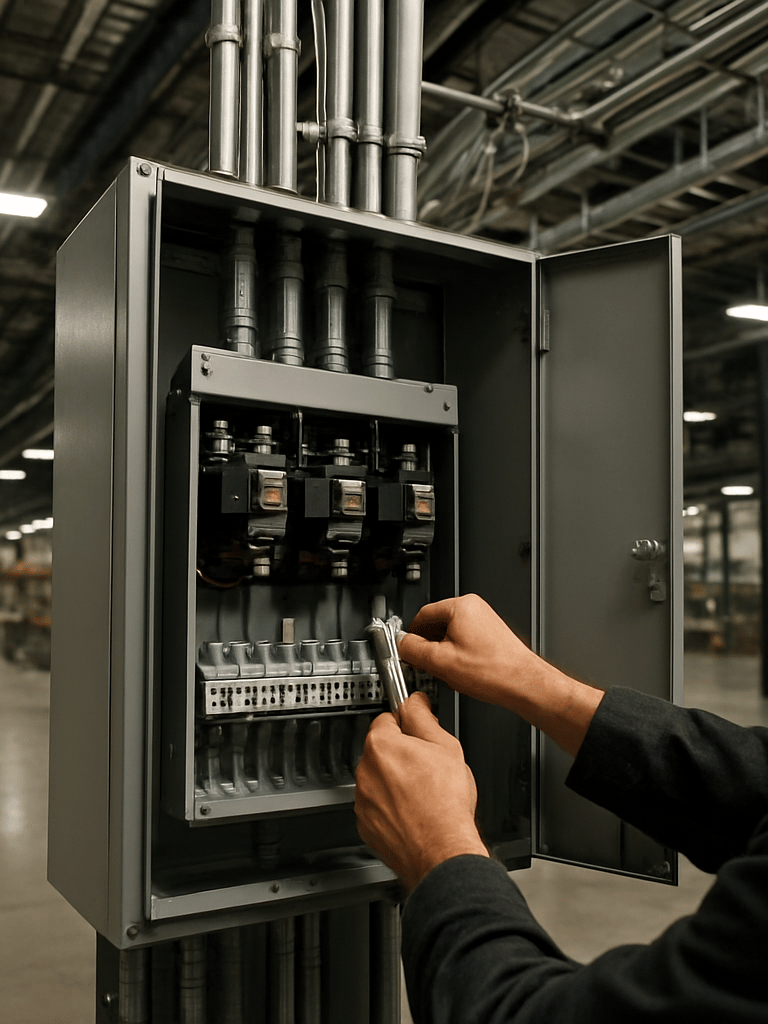 Wide environmental shot of an industrial electrical panel installation in progress — a technician's hands tightening conduit connections on a large distribution board inside a logistics warehouse, natural overhead site lighting, exposed cable trays visible in background depth, precise framing showing scale and operational complexity