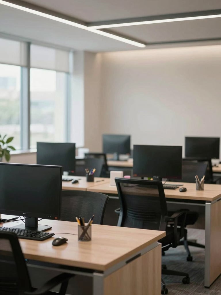 Medium-close environmental shot of an organized modern workspace, soft indirect daylight illuminating clean architectural lines.