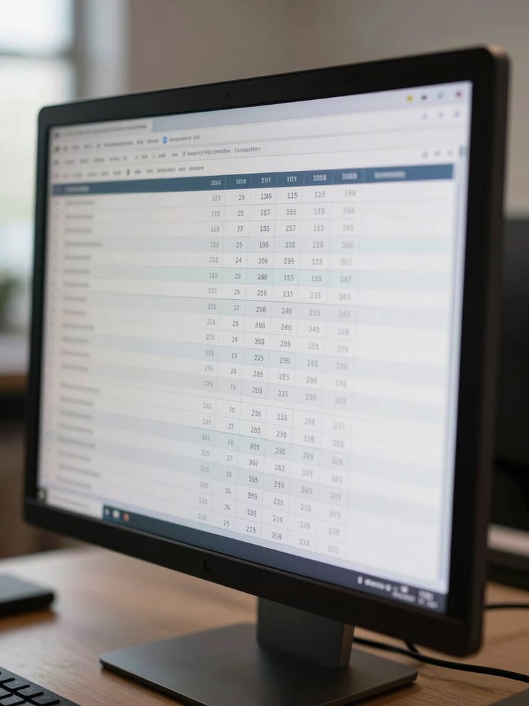 Close-up of a clean financial dashboard displayed on a high-end physical monitor, soft natural side lighting, sharp focus on structured data, minimalist environment.