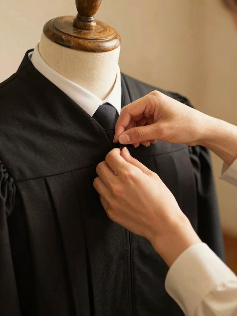 Hands of an artisan tailor meticulously adjusting the collar of a premium black academic gown, warm natural studio light, shallow depth of field, 35mm