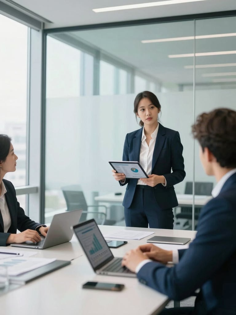 A bright, natural daylight corporate office meeting room with clean glass walls, a partner presenting a financial model on a tablet to a client, professional candid atmosphere, shallow depth of field.
