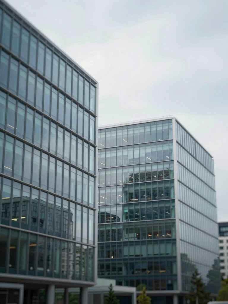 Wide environmental shot of modern corporate glass-walled offices, natural overcast daylight, cool slate tones, shallow depth of field