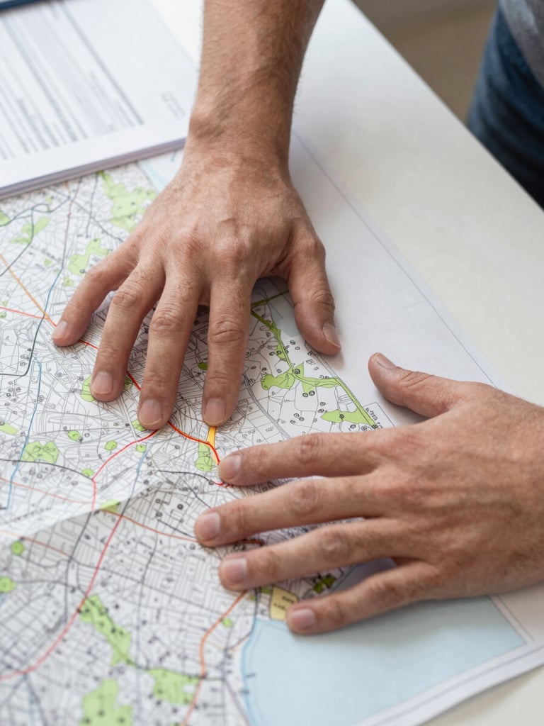 Hands spread over an OS map on a table, a finger tracing a field boundary, planning documents visible beside the map, clean LED indoor light, no faces