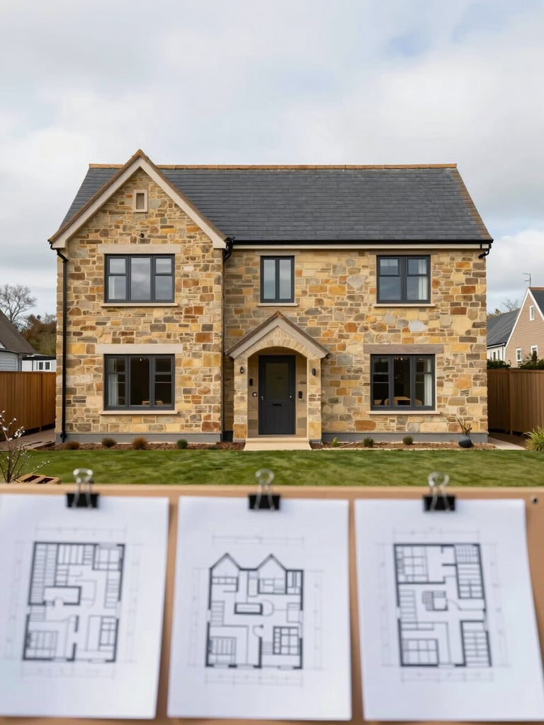 Wide environmental exterior shot of a completed UK rural residential extension, stone facade under bright overcast northern daylight, architectural drawings pinned to a board in the foreground, no people, clean and factual framing