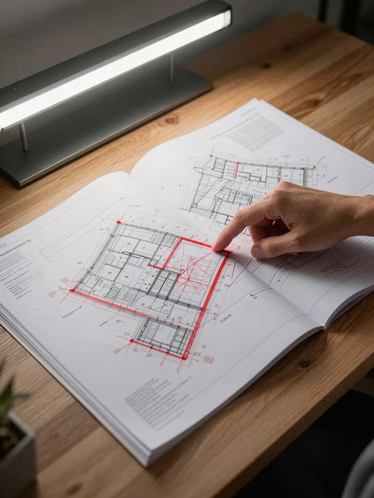 Wide overhead view of a timber desk, architectural planning drawings spread open with red-line annotations, a hand pointing at a site boundary on a printed OS map, clean LED light from above, no people visible beyond the hand