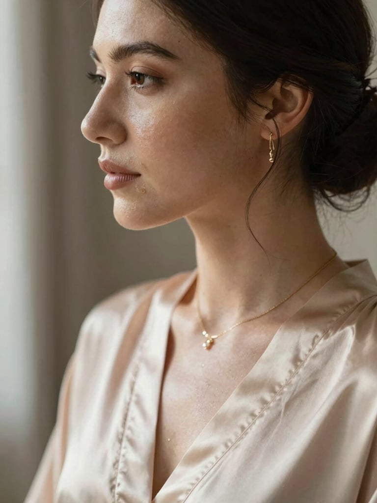 Portrait framing, soft morning light. A close-up of a bride's profile, highlighting luminous skin texture, delicate gold jewelry, and a soft champagne silk robe.