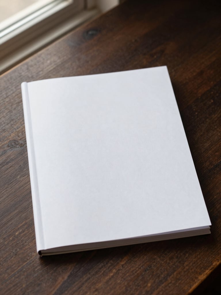 A crisp high-contrast mockup of a minimalist masterclass workbook on a dark wooden desk, warm amber side lighting, shallow depth of field, premium editorial style