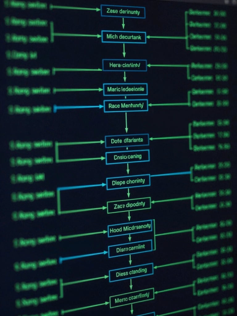 High-contrast dark-mode database schema diagram with glowing green and cyan lines showing table relationships, clean vector style on a deep slate background