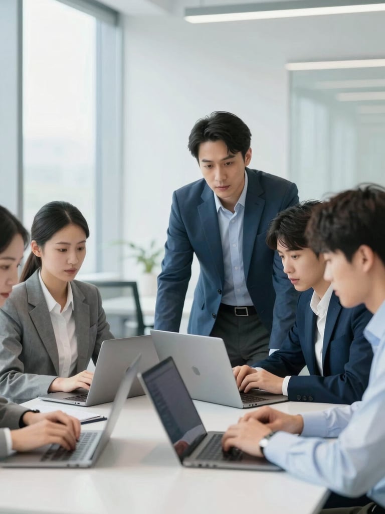 A professional mentor guiding a small group of business professionals collaborating over laptops in a bright, modern corporate office.