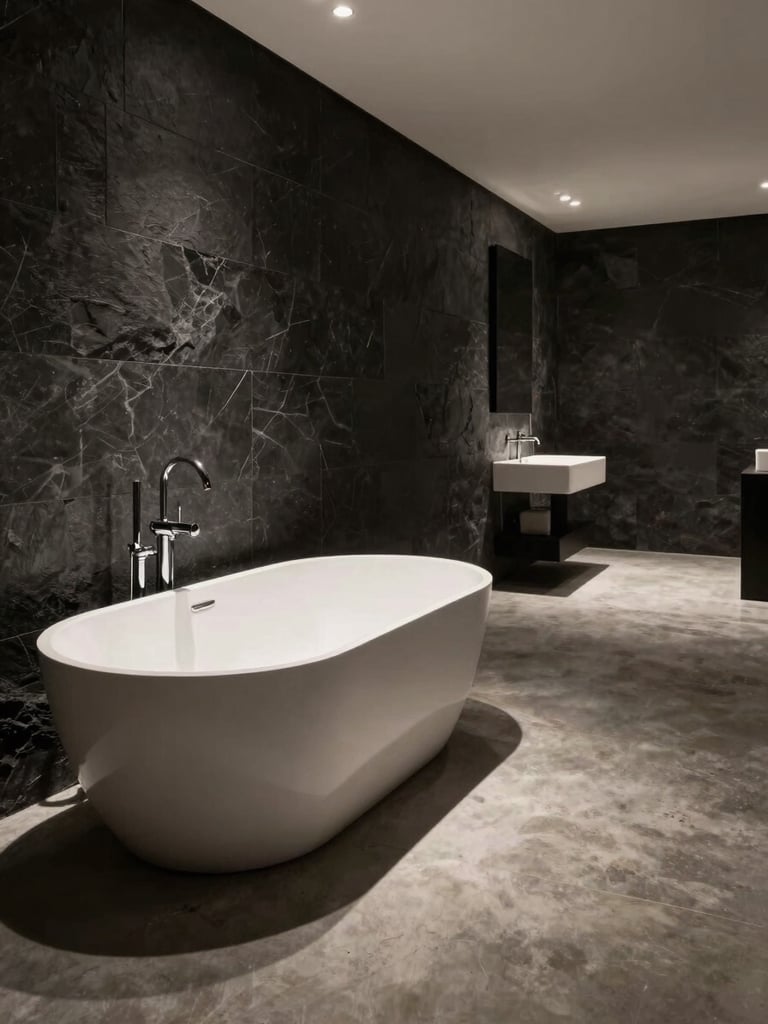 Wide architectural installation view of a luxury bathroom, a freestanding floor-mounted matte chrome tub filler in the left foreground, empty polished concrete floor extending to a dark stone wall, overhead architectural lighting casting precise shadows, fixture treated as a specification detail not a room hero, no people, no soft furnishings