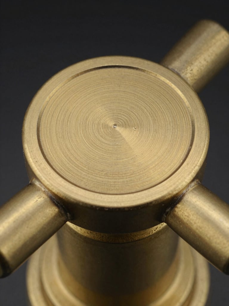 Extreme close-up of a luxury faucet handle's surface, overhead studio lighting revealing the precise texture of polished brass grain and machined knurling detail, deep black background, no hands, no water, no lifestyle context — pure material documentation
