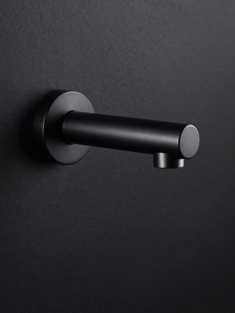 Tight vertical studio shot, a single matte black wall-mount faucet centered in frame against deep charcoal background, dramatic single-source side lighting from the left reveals brushed metal finish and precise machined edges, portrait orientation, no lifestyle context