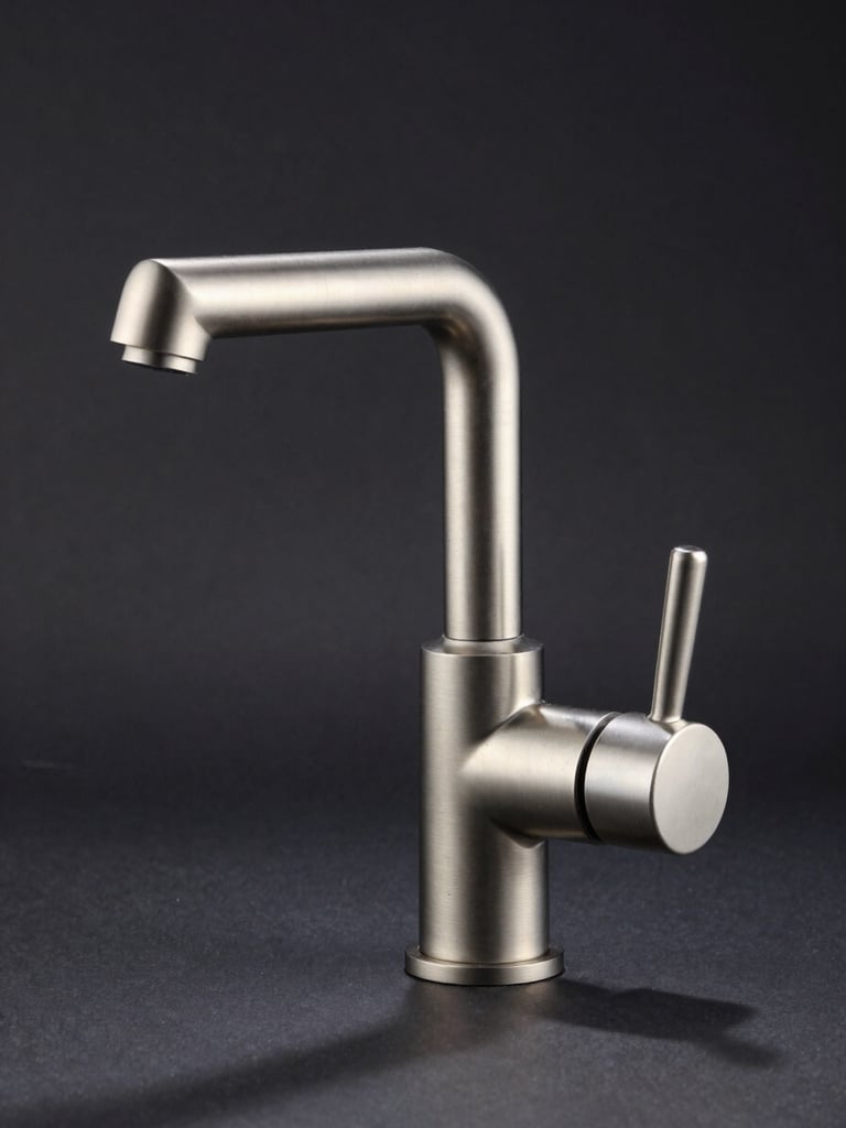Tight vertical frame, single premium brushed-nickel faucet body in dramatic isolation against deep charcoal background, studio strobe from upper left casting sharp shadows that reveal every machined edge and surface grain, no context, no water