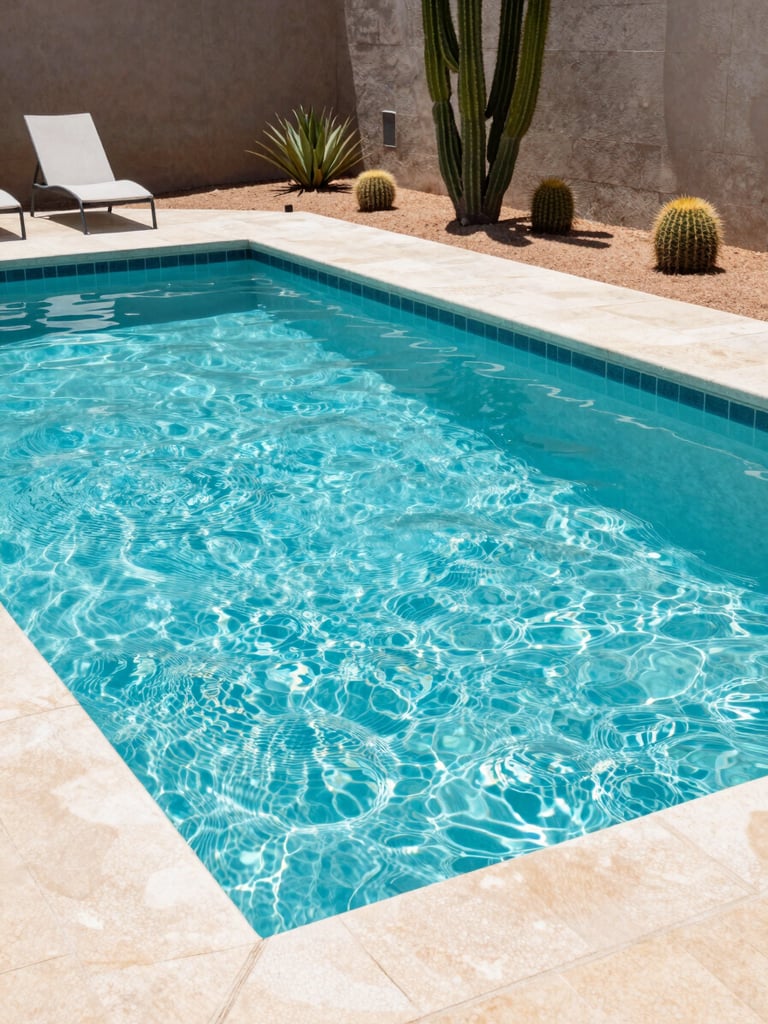 Vivid turquoise swimming pool in Scottsdale backyard, clean water ripples, modern desert landscaping with cacti, bright midday sun, 35mm