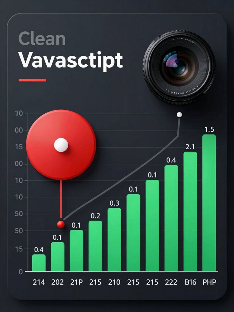 Clean top-down vector layout comparing a red bloated JavaScript timeline with a green ultra-fast PHP execution chart, dark mode UI, sharp grid lines.