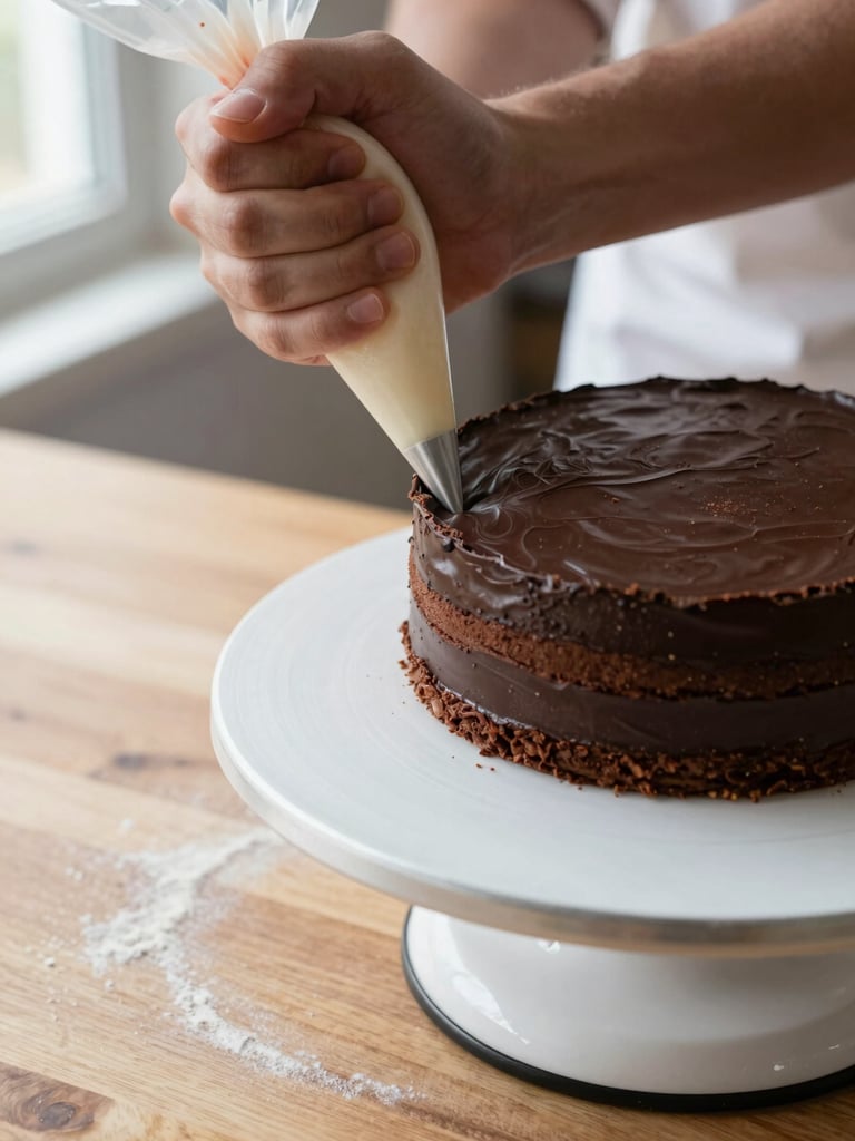 Extreme close-up overhead shot of a baker's hands pressing a piping bag along the edge of a dark chocolate layer cake on a white ceramic stand, soft north-facing window light falling across the work surface, no shadows, flour dust faintly visible on the wooden counter below