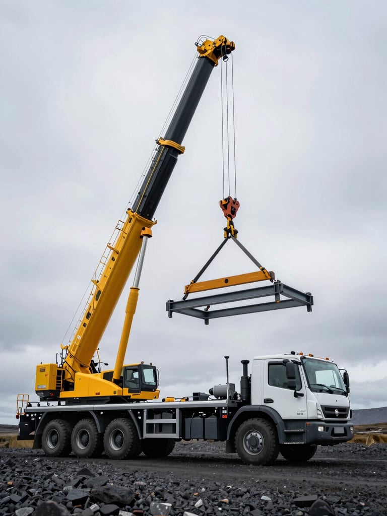 Low-angle dramatic shot of a high-capacity mobile crane truck lifting a steel structural frame, overcast Icelandic sky, rugged gravel ground, cold daylight.