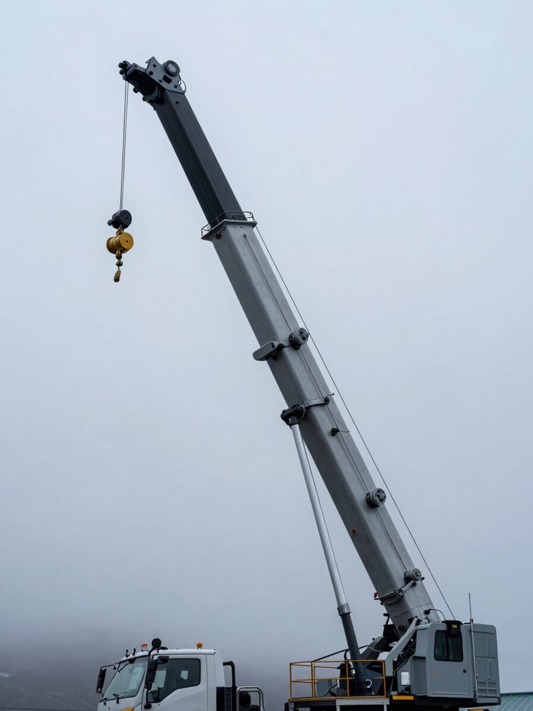 Low-angle portrait shot of a heavy crane truck's metallic boom extending high into a misty gray Icelandic sky, sharp geometric steel structures visible, cold industrial lighting.