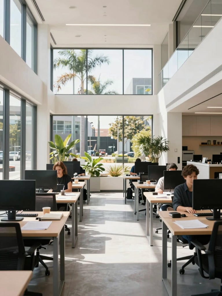 Wide environmental shot of a sunlit collaborative workspace in Silicon Valley, clean architectural lines, natural California daylight, 35mm