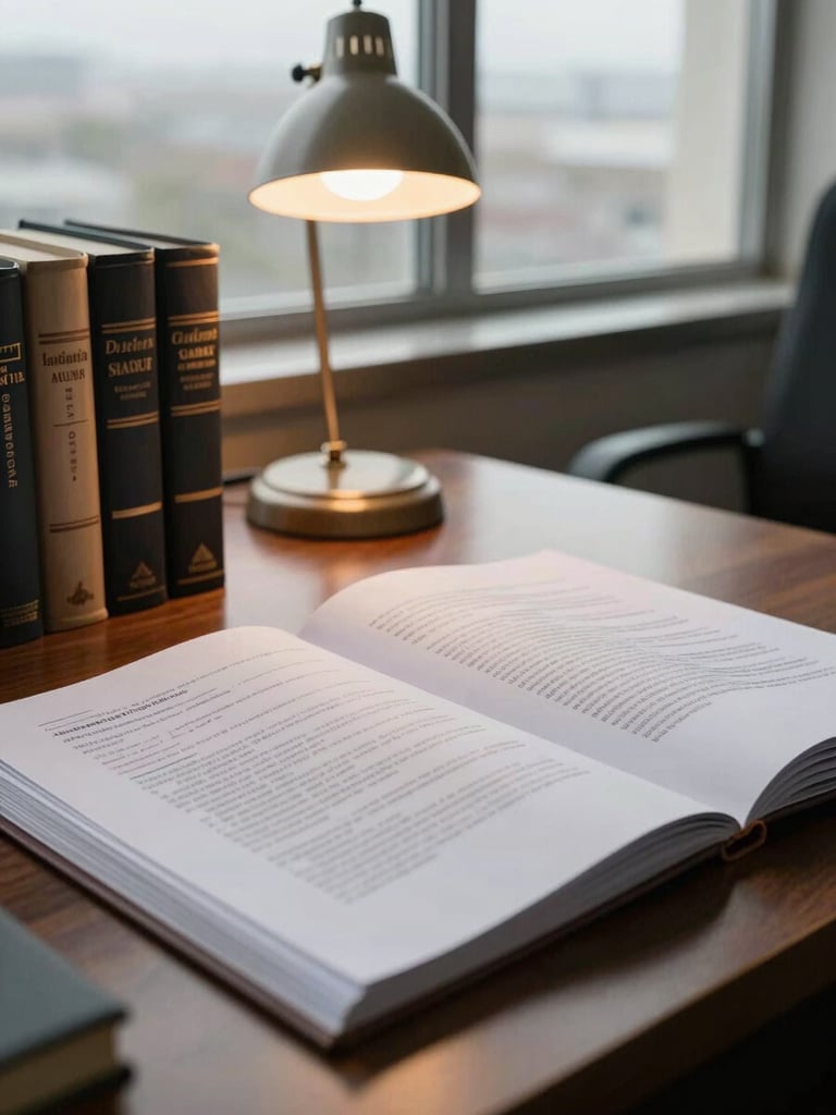 Wide-angle close view of an open legal case file on a wooden desk, statute volumes stacked to the left, a warm tungsten desk lamp casting a pool of amber light over handwritten margin notes and typed documents, overcast daylight from an office window visible in the background, no people