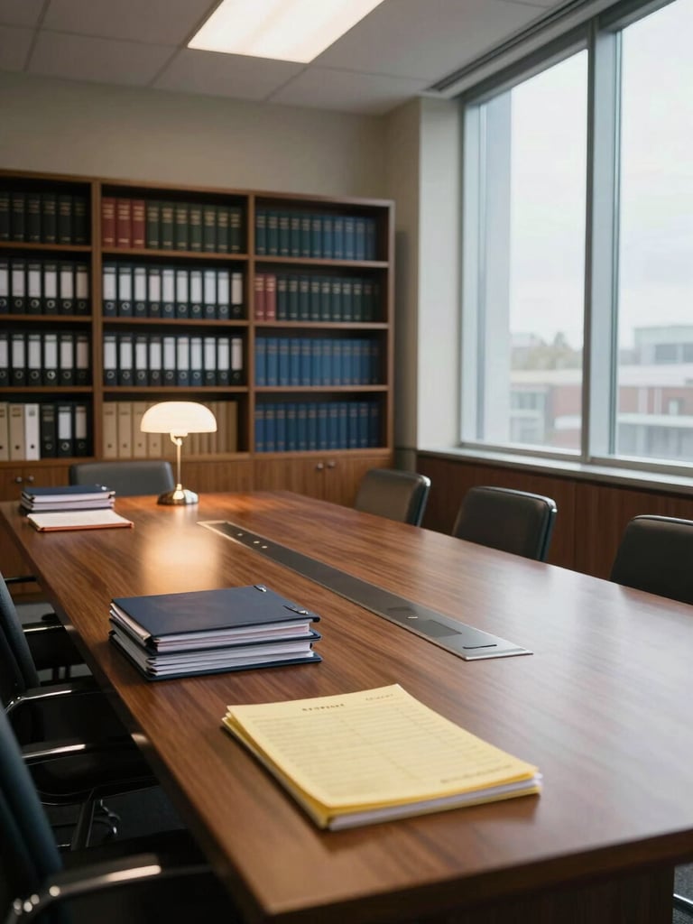 Wide shot of an empty law firm conference room, left third of frame, long oak table with stacked case folders and a yellow legal pad, floor-to-ceiling bookshelf of statute volumes along the back wall, overcast daylight from tall windows at right, tungsten desk lamp casting warm pool on closed binders, no people
