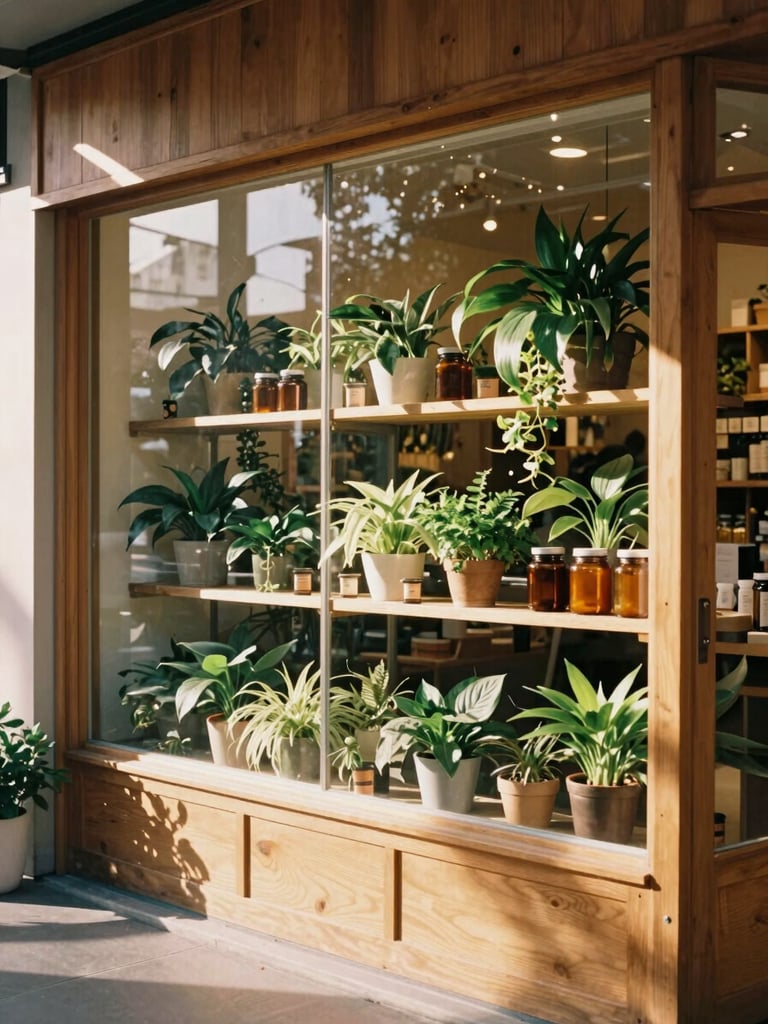 Wide environmental shot of the warm wooden interior of the Langley storefront, shelves filled with lush plants and amber jars, sunbeams streaming through glass