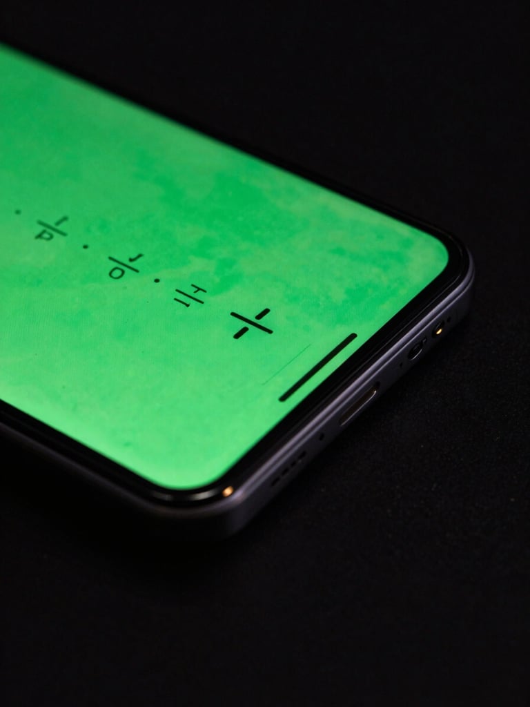 Macro shot of a premium Android device screen displaying glowing green canvas math, sharp focus on glass edge, moody dark-room lighting