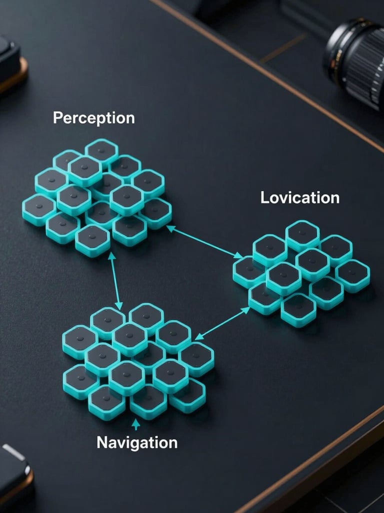 Wide overhead terminal view showing a ROS2 node graph with three labeled clusters—perception, localization, navigation—connected by typed topic arrows on a dark background, electric cyan node borders, minimal UI chrome