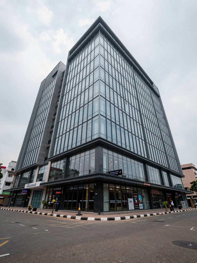 Wide exterior shot of a modern multi-storey commercial building in Vijayawada, photographed from street level looking up at the facade — overcast north-facing daylight, clean glass curtain wall, ground-floor retail signage visible, pedestrian footpath in foreground establishing urban zone context, no people posing