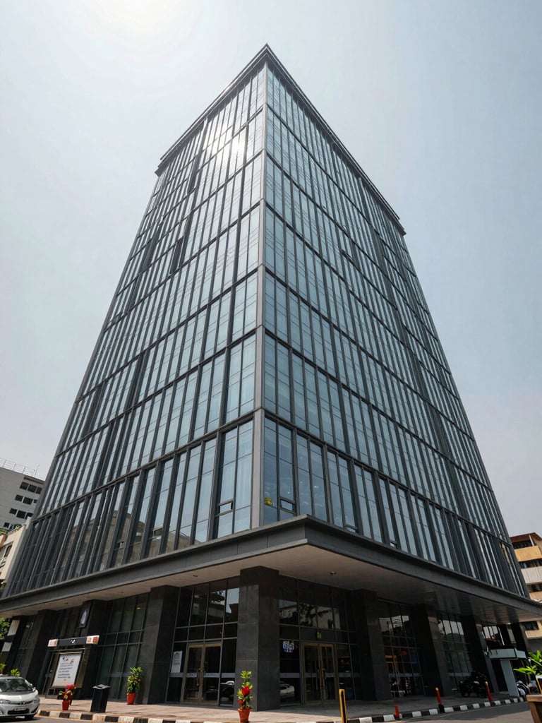 Wide-angle exterior view looking up at a modern multi-storey commercial office building in Vijayawada, glass curtain wall facade catching overcast north-facing daylight, ground-floor entrance visible at lower frame, urban street context on the left edge, generous sky above