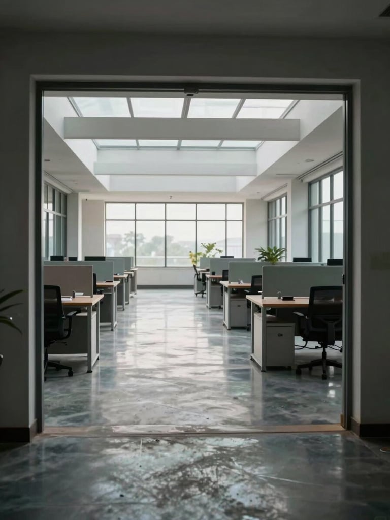 Wide interior corridor of a modern commercial office floor in Vijayawada, shot from the entrance looking inward — rows of workstations under a high exposed ceiling, north-facing clerestory windows flooding the space with flat overcast daylight, polished concrete floor reflecting the ambient light, no people, emphasising floor area and structural clarity