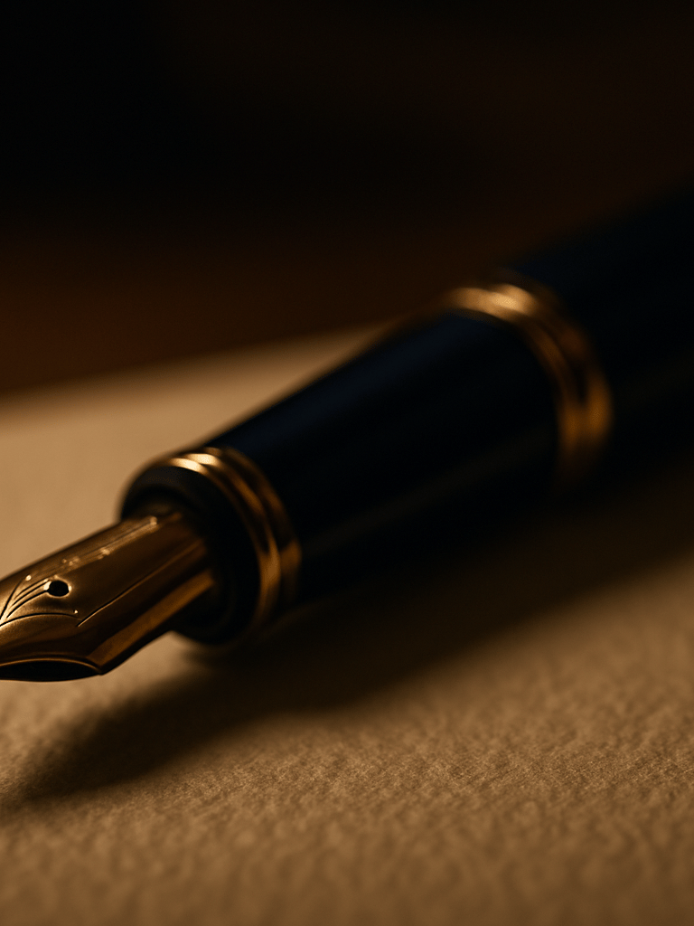 Macro close-up of a luxury fountain pen resting on textured heavy cream paper, warm low-key lighting, shallow depth of field, private bank office atmosphere