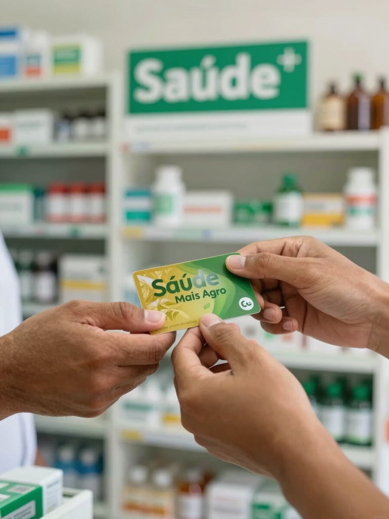 Close-up of hands handing over a green and gold Saúde Mais Agro card to a local pharmacist in a bright rural pharmacy, natural lighting.