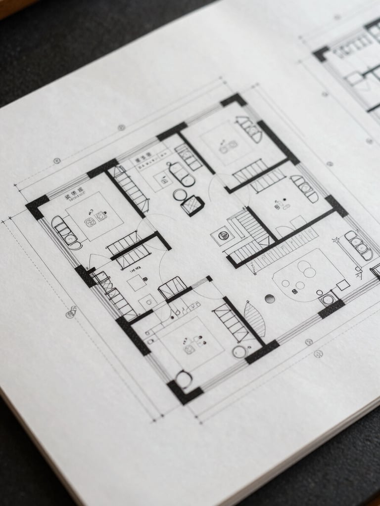 Full-page architectural floor plan reproduction, even studio lighting, sharp ink lines and room labels visible, printed on white drawing paper, tight crop showing plan geometry and section marks at upper right