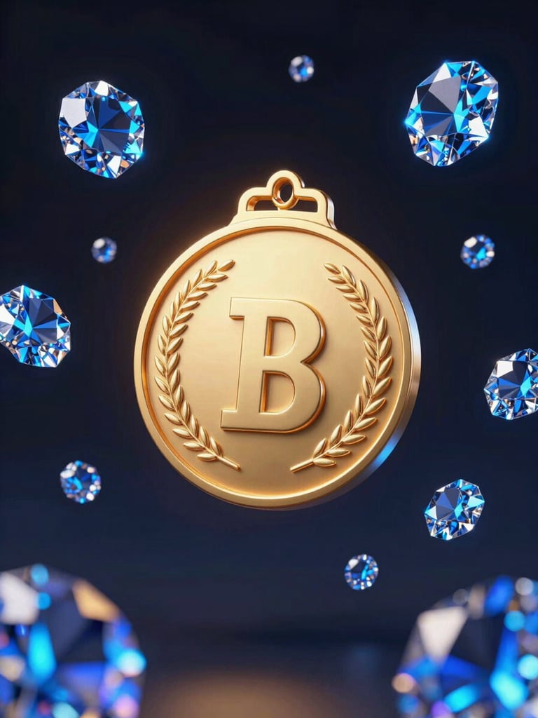 futuristic 3D render of a glowing gold medal and neon blue digital gems floating on a dark ambient background, glassmorphism, octane render