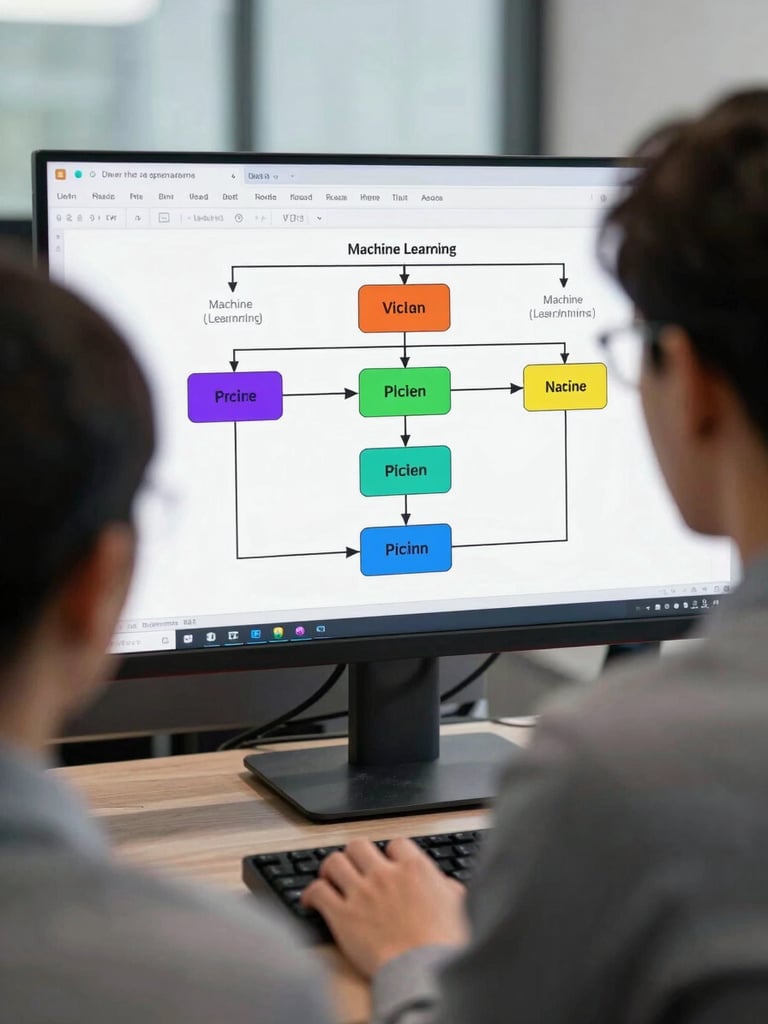 Over-the-shoulder view of a developer analyzing a complex machine learning pipeline diagram on a vertical monitor, cool office daylight, crisp details.