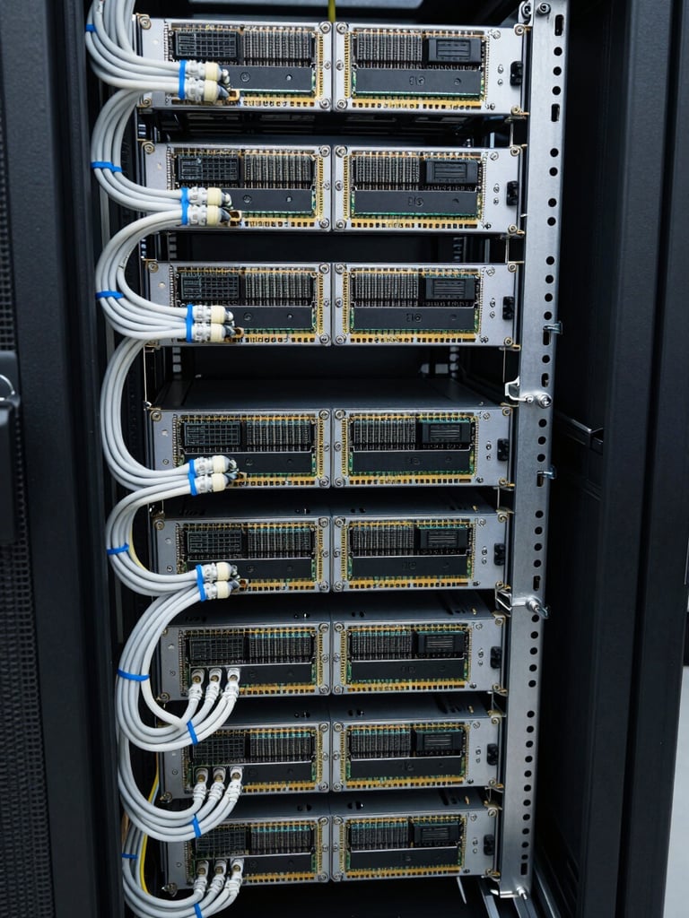 Close-up overhead shot of a dense server rack interior, multiple processors and RAM modules visible, cables neatly routed with cable ties, cool white LED lighting illuminating the components from above, no branding visible, purely the physical hardware in working condition